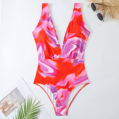Retro One Piece Swimsuit Women Deep V Plunge Lace up Chiffon Skirt Set