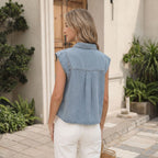 Collared Sleeveless Short Simple Office Casual Washed out Denim Vest for Women MANNY