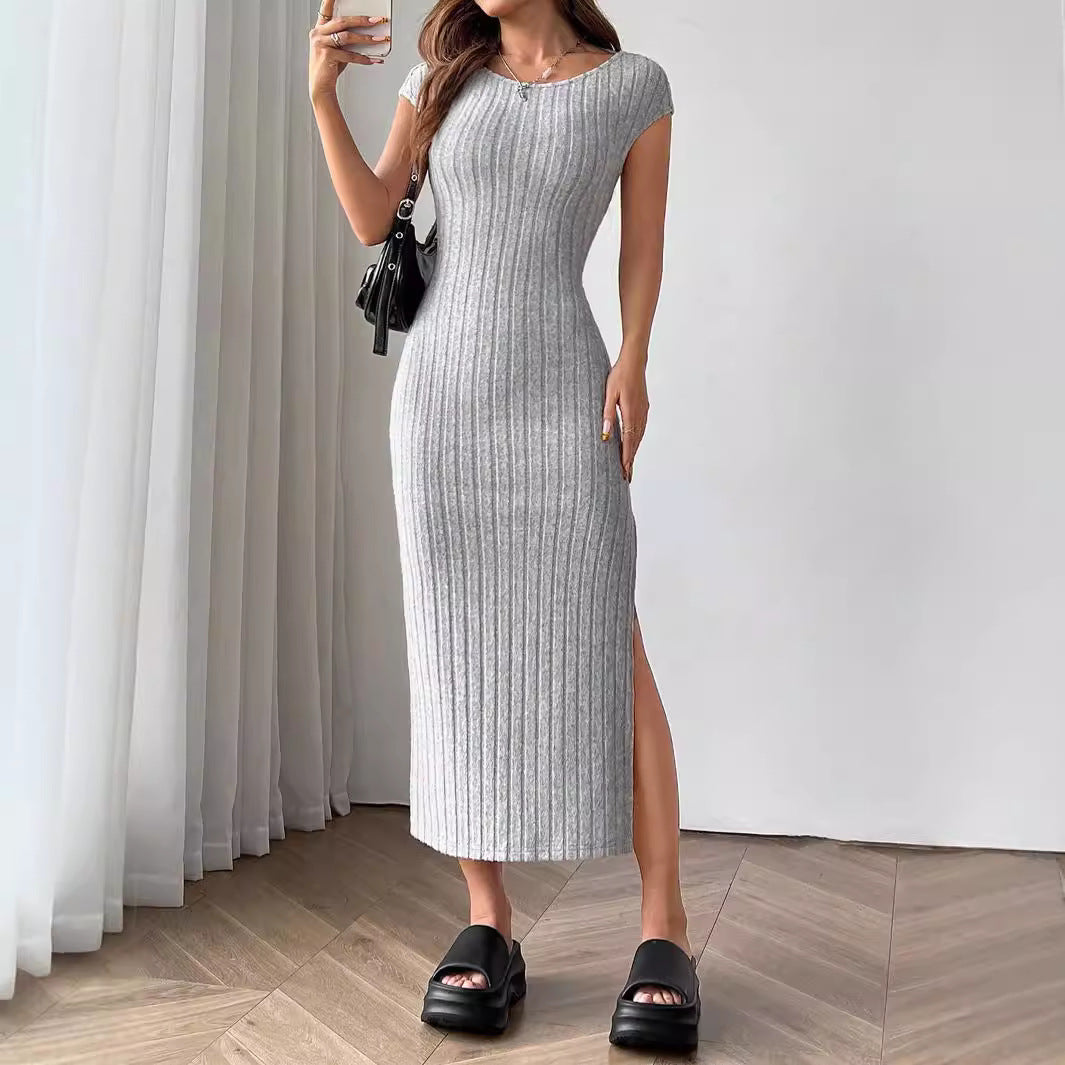 Women Clothing Summer round Neck Short Sleeve Backless Sexy Slit Dress