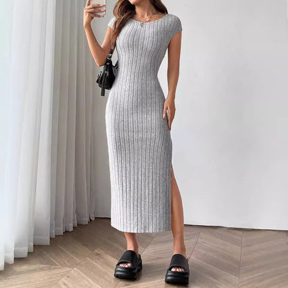 Women Clothing Summer round Neck Short Sleeve Backless Sexy Slit Dress