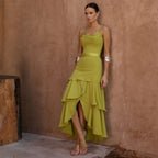 Swimwear Mustard Green Twist Strap Pleated One Piece Swimsuit Women ShineRealm