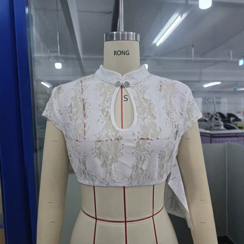 Women Elegant Hollow Out Cutout Lace Mini Top YILINE