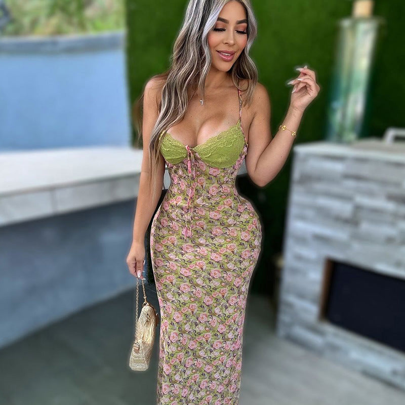 Summer Lace Stitching Printing Back Strap Dress Women FREYA