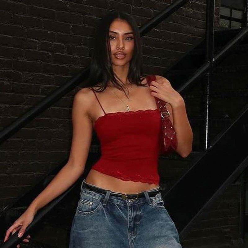 Summer Sexy Lace Spaghetti Strap Top Skinny Short Tube Top Sexy Basic All Matching Vest LingSharp