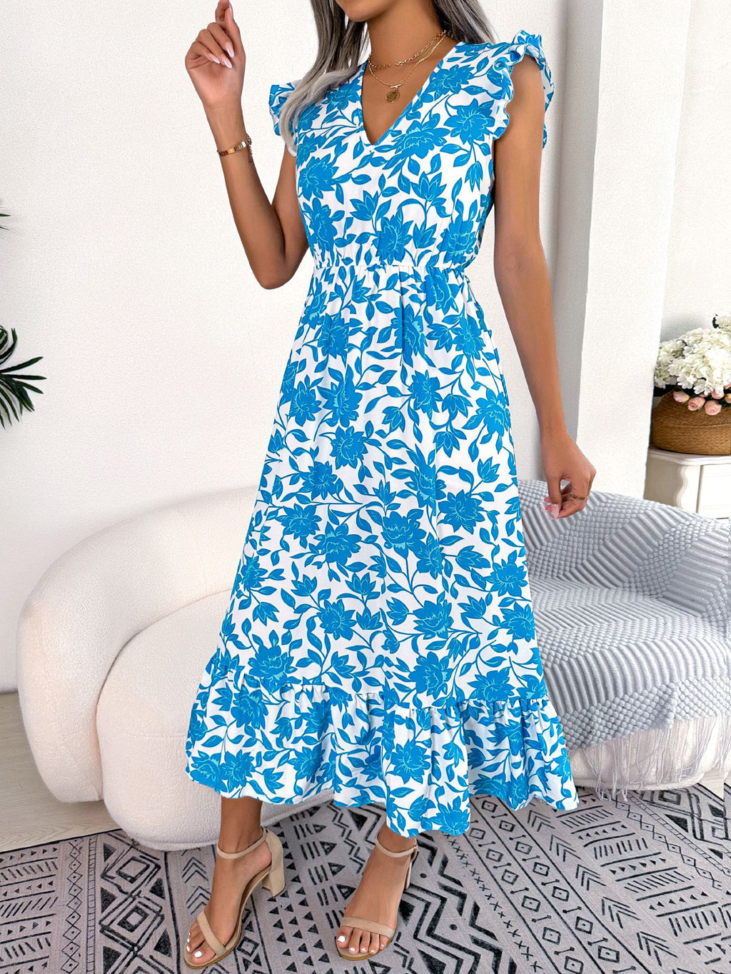 Spring Summer Casual Wooden Ear Floral Waist Slimming Maxi Dress Holiday Dress Women Clothing BAGIISA