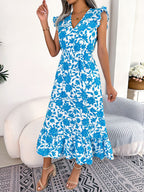 Spring Summer Casual Wooden Ear Floral Waist Slimming Maxi Dress Holiday Dress Women Clothing BAGIISA