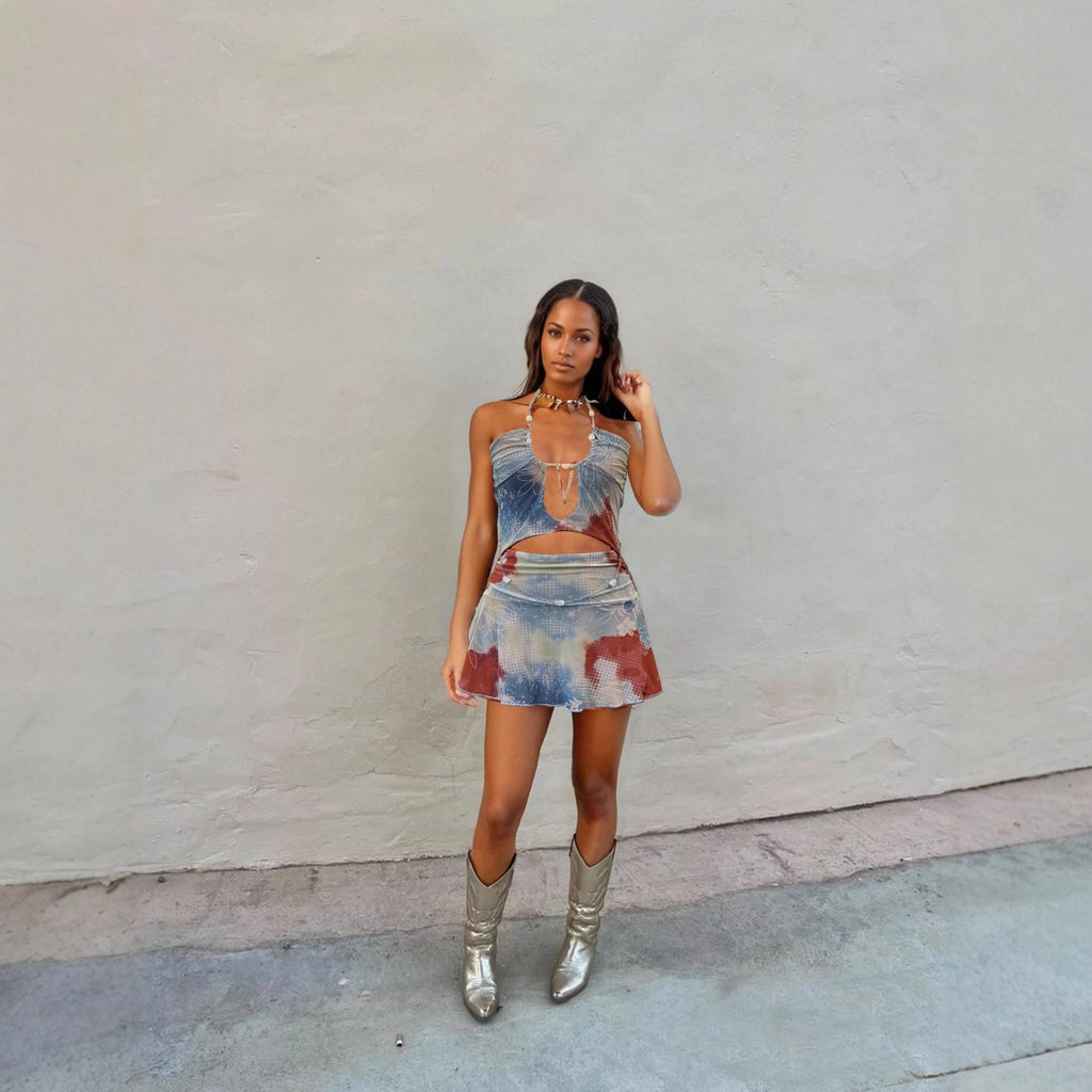 Summer Sexy Contrast Color Backless Bare Cropped Chain Hollow Out Cutout out Stitching Dress Eedele