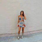 Summer Sexy Contrast Color Backless Bare Cropped Chain Hollow Out Cutout out Stitching Dress Eedele
