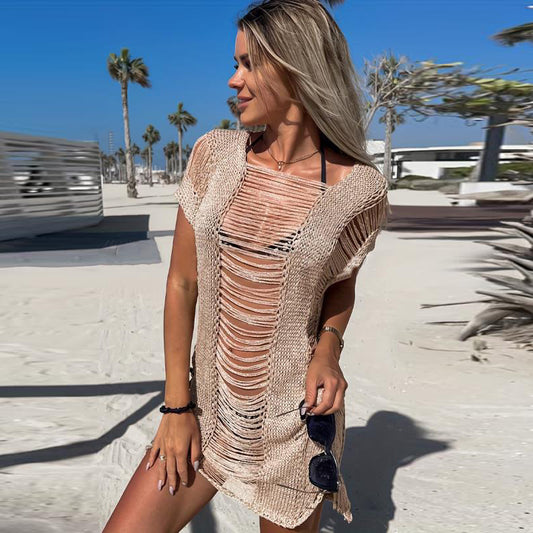 Summer Beach Dress Sexy Cutout Ripped Bikini Sun Shield Hanfu Long Robe Sleeveless Knitted Dress