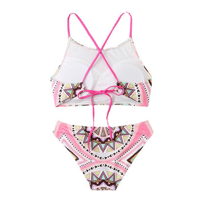 Traje de baño de bikini con bolsillos triangulares divididos con tabla fija con impresión digital para mujer, traje de baño de playa para natación