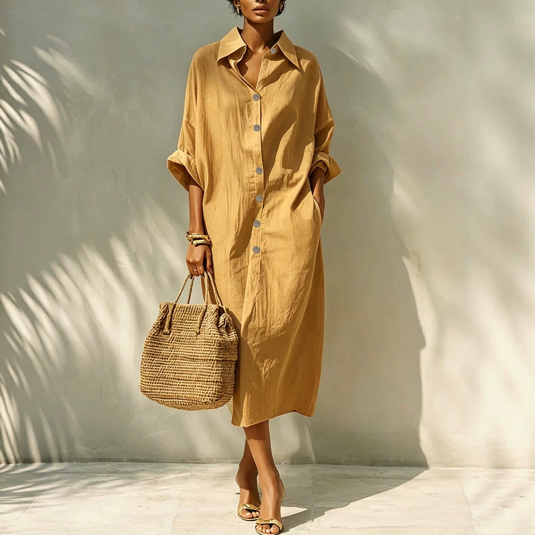 Women Clothing Arrival Loose Solid Color Single Breasted Collared Design Long Sleeve Dress NEWMELANCE