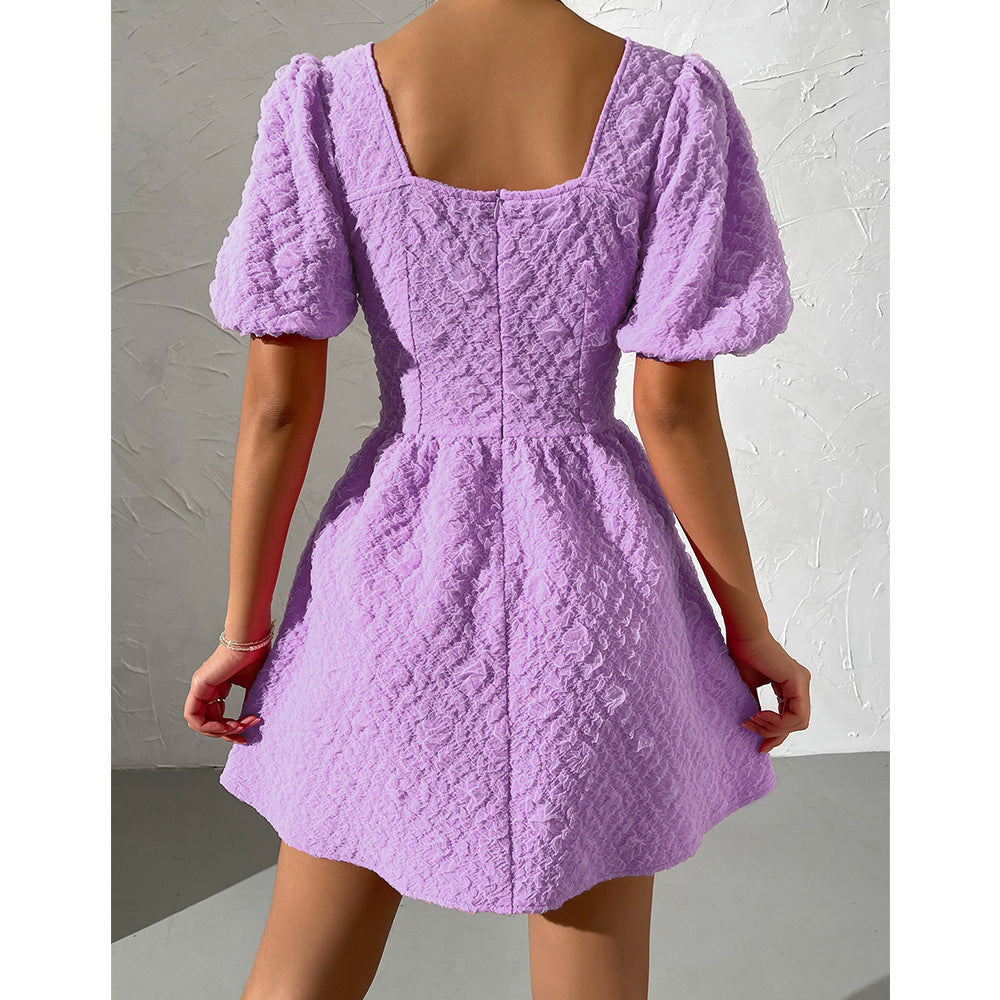 Summer Women Clothing Solid Color V neck Puff Sleeve Short Sleeve Dress for Women EBELIAN