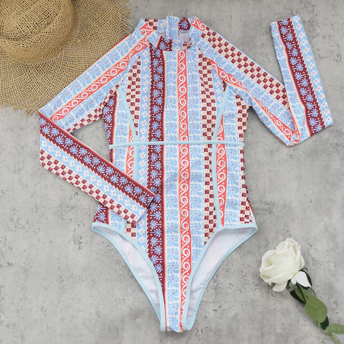 Striped Printed Long Sleeve Zipper Briefs Surfing Set One Piece Swimsuit Women Thunder