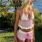 Conjuntos de dos piezas de mujer con top corto anudado al cuello de rayas con espalda descubierta sexy para vacaciones y pantalones cortos con cordón ajustables para la playa