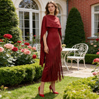 Spring Elegant Retro Faux Two Piece Long Skirt Shawl Design Tassel Dress Swing Dress Women Sailfish
