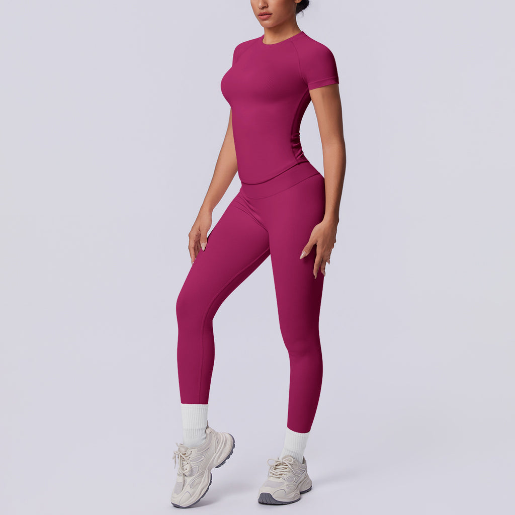 Seamless Knitted Short Sleeved Trousers Solid Color Three Section Waist Peach Hip Breathable Hip Raise Fitness Pants Yoga Set Women NESHA