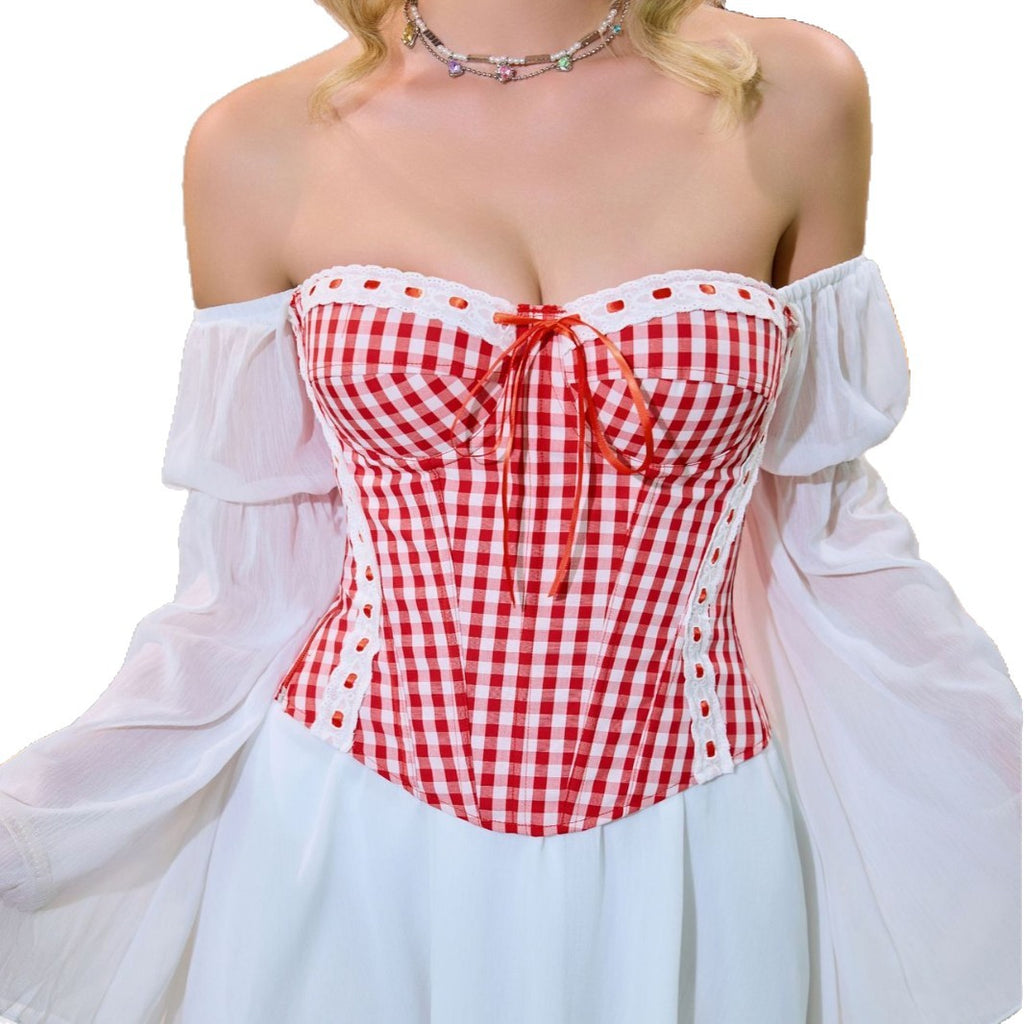 Red White Checkered Close Fitting Body Shaping Top Sweetheart Collar Tight Waist Strapless Slim Fit Tube Top Corset Underwear HEARTTHROB