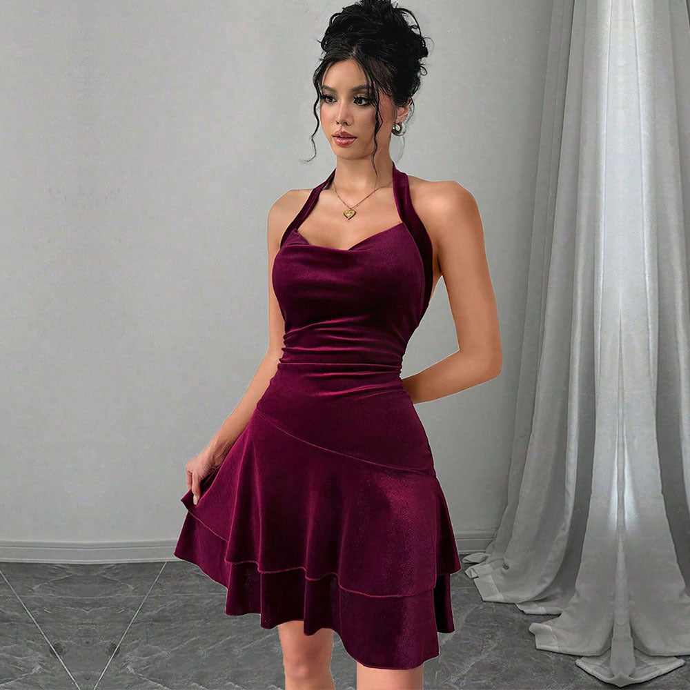 Vestido halter sexy para mujer, otoño invierno, espalda descubierta, diseño sexy de socialité, corto