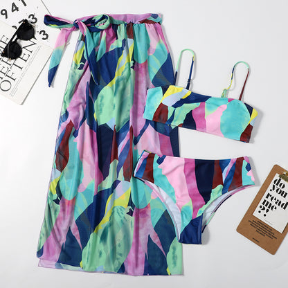 Bikini triangular de malla para mujer, conjunto de tres piezas con estampado sexy, traje de baño dividido