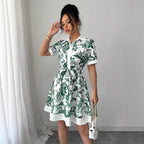Women Clothing Summer Printing Lace up Waist Single Breasted Dress NEWMELANCE