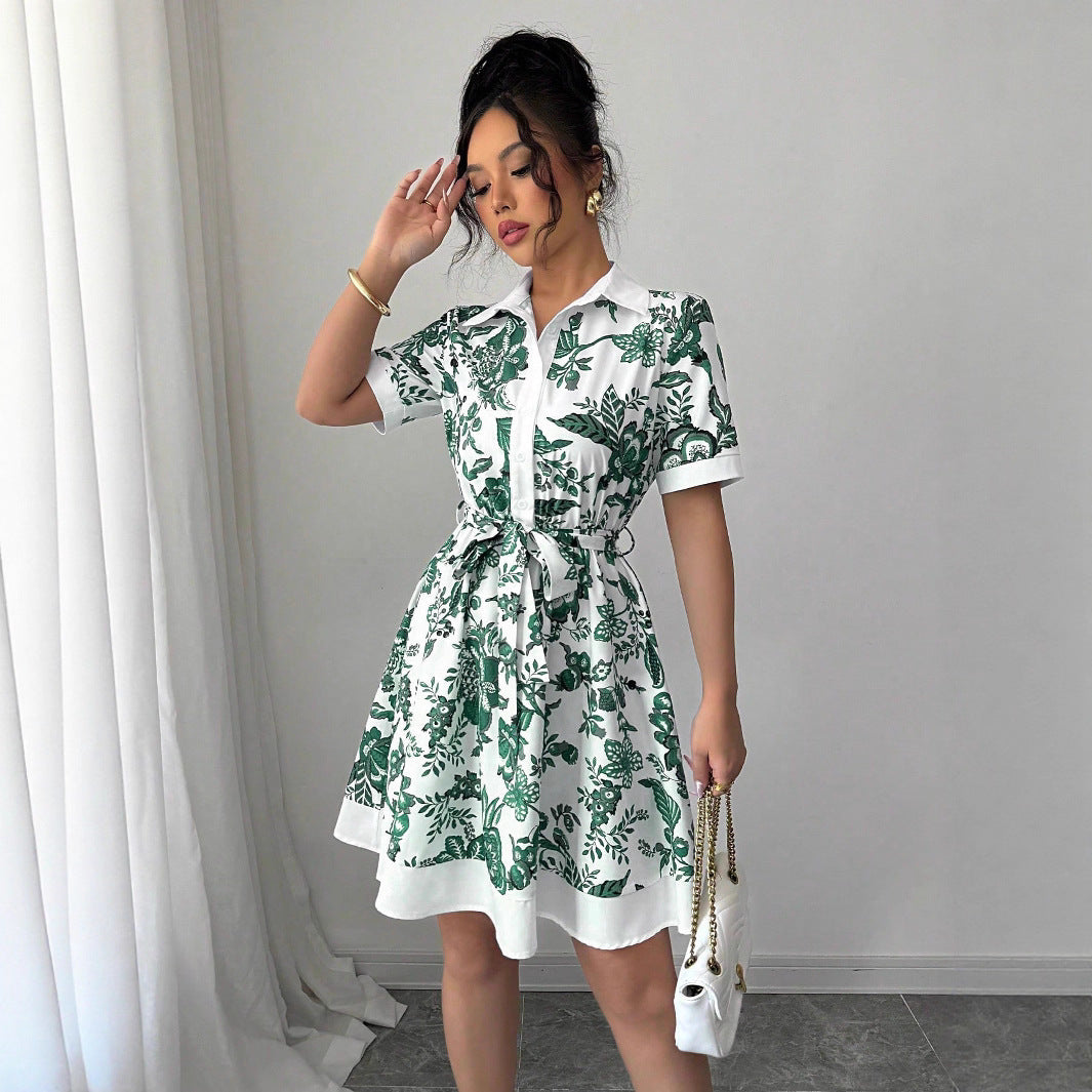 Women Clothing Summer Printing Lace up Waist Single Breasted Dress NEWMELANCE