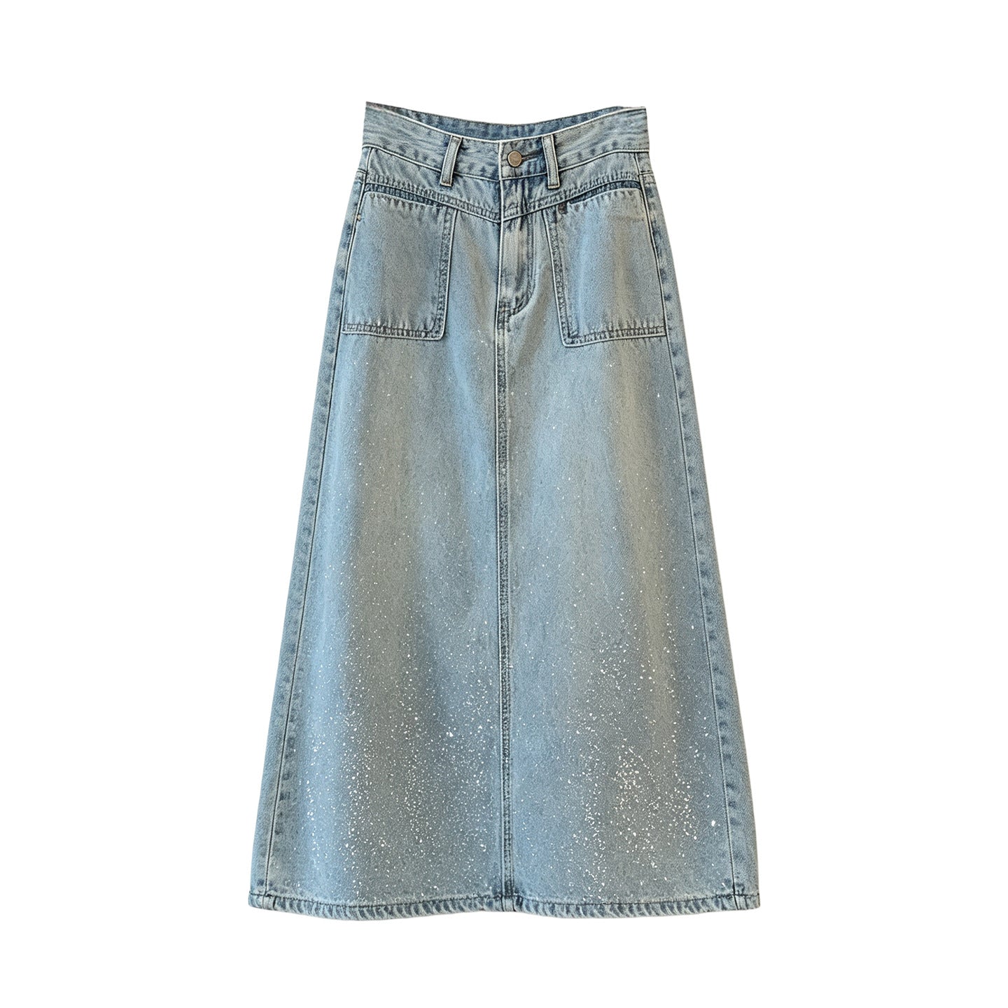 Popular Light Blue Rhinestone Denim Skirt Women Summer High Waist Slimming A line Midi Skirt Sunnygrace