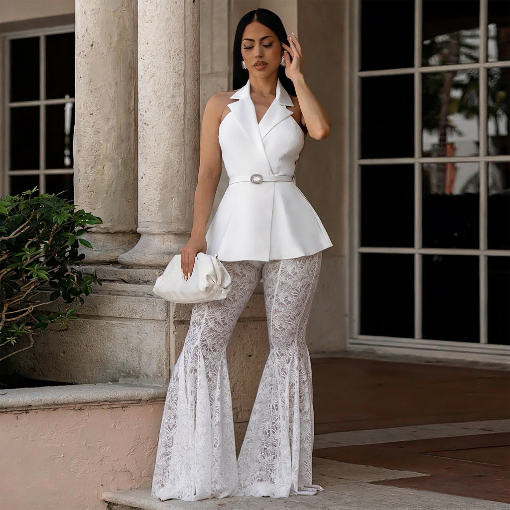 Sleeveless Backless Sexy Lace Bell Bottom Pants Two Piece Set MOOYAA