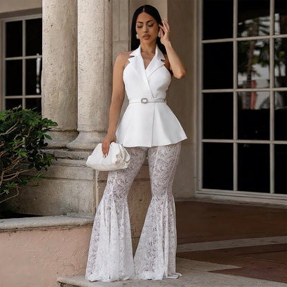 Sleeveless Backless Sexy Lace Bell Bottom Pants Two Piece Set MOOYAA