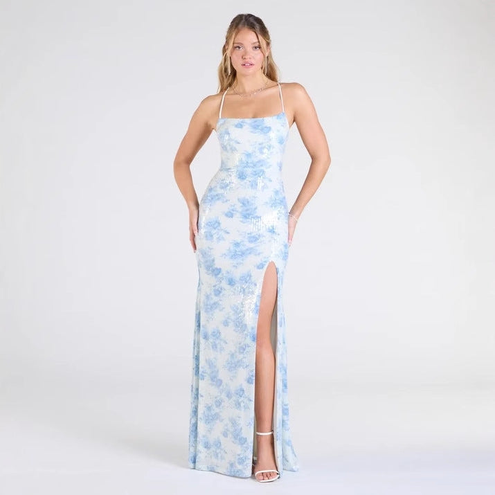 Robe à bretelles fleuries tendance pour femme, robe mi-longue fendue cintrée, robe de soirée
