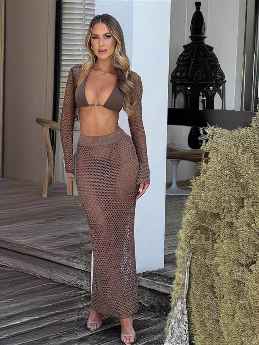 Summer Beach Skirt Set Sexy Cutout Knitting Bikini Swimsuit Blouse Sun Protective Clothing Women Yojiaer