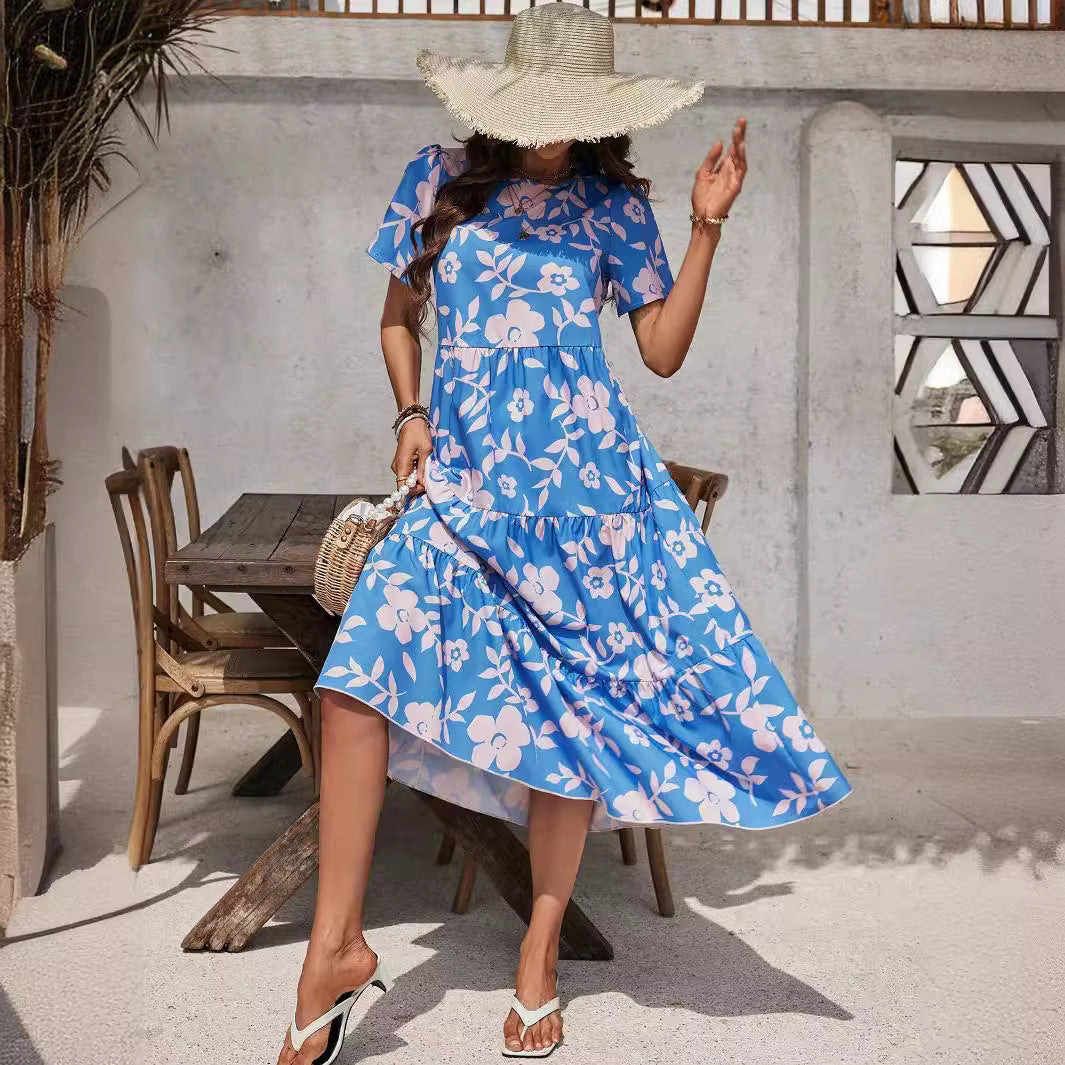 Elegant Ladies Large Floral Multi Layer Ruffled Patchwork Length Dress Vivish