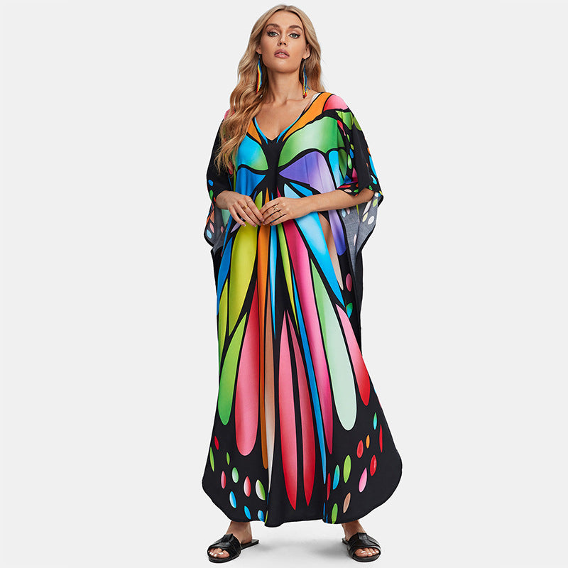 Bata holgada con estampado de rayón para mujer, talla grande, para playa, vacaciones, maxivestido, camisa de protección solar
