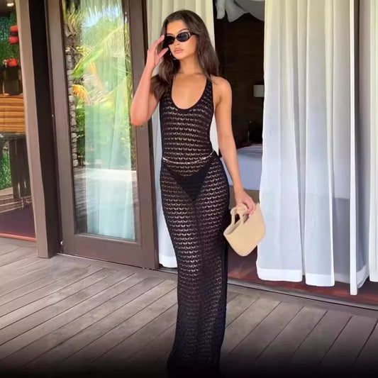 Sexy Hollow Out Cutout Beach Dress Summer Backless Seaside Vacation Sun Protection Knitted Dress Beach Cover Up Women