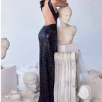 Summer Black Paillette Backless Sleeveless Hollow Out Cutout Sexy High Waist Slit Dress for Women SCC