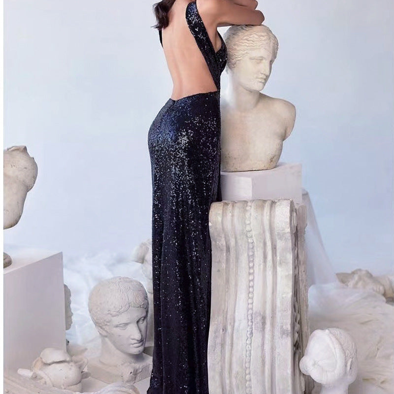 Summer Black Paillette Backless Sleeveless Hollow Out Cutout Sexy High Waist Slit Dress for Women SCC
