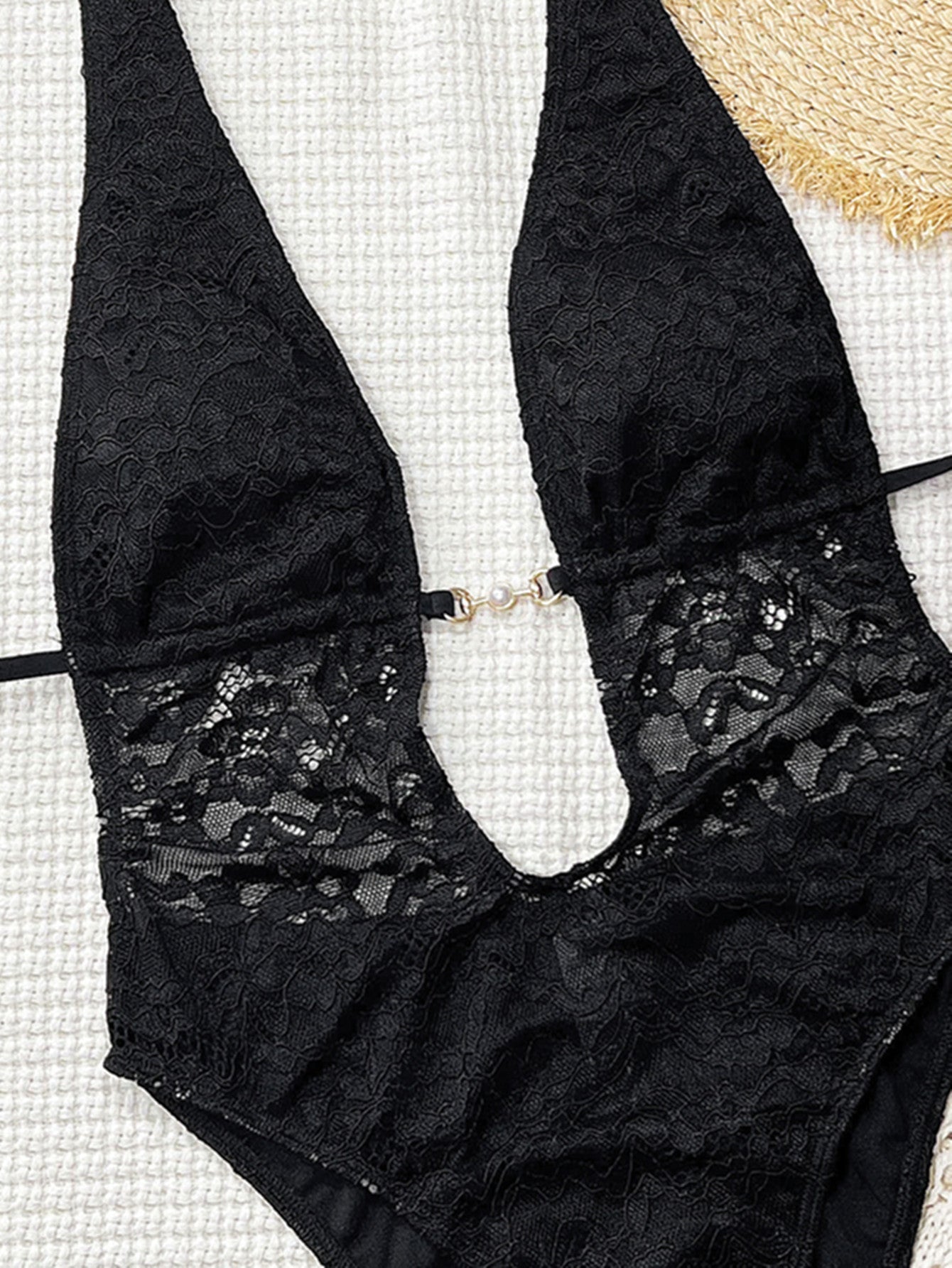 Solid Color Sexy Slim Lace Stitching Halter Big Backless Swimsuit DOUBLEOUT