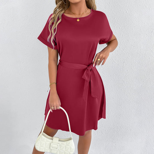 Women Clothing Summer Short Sleeve Satin Dress High Grade Small Satin Dress