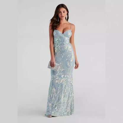 Sexy V neck Sequ Floor Length Evening Dress Elegant Graceful Cocktail Party Formal Dress Women Clothing