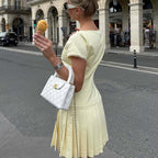 Women Summer Slim Slimming Elegant Lace Edge Short Sleeve Pleated Dress Fifiant