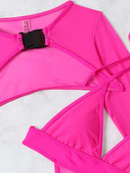 Traje de baño sexy con cuello halter, blusa de manga larga multicolor, color sólido
