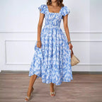 Vestido elegante con estampado bohemio, cuello cuadrado, mangas plisadas con volantes