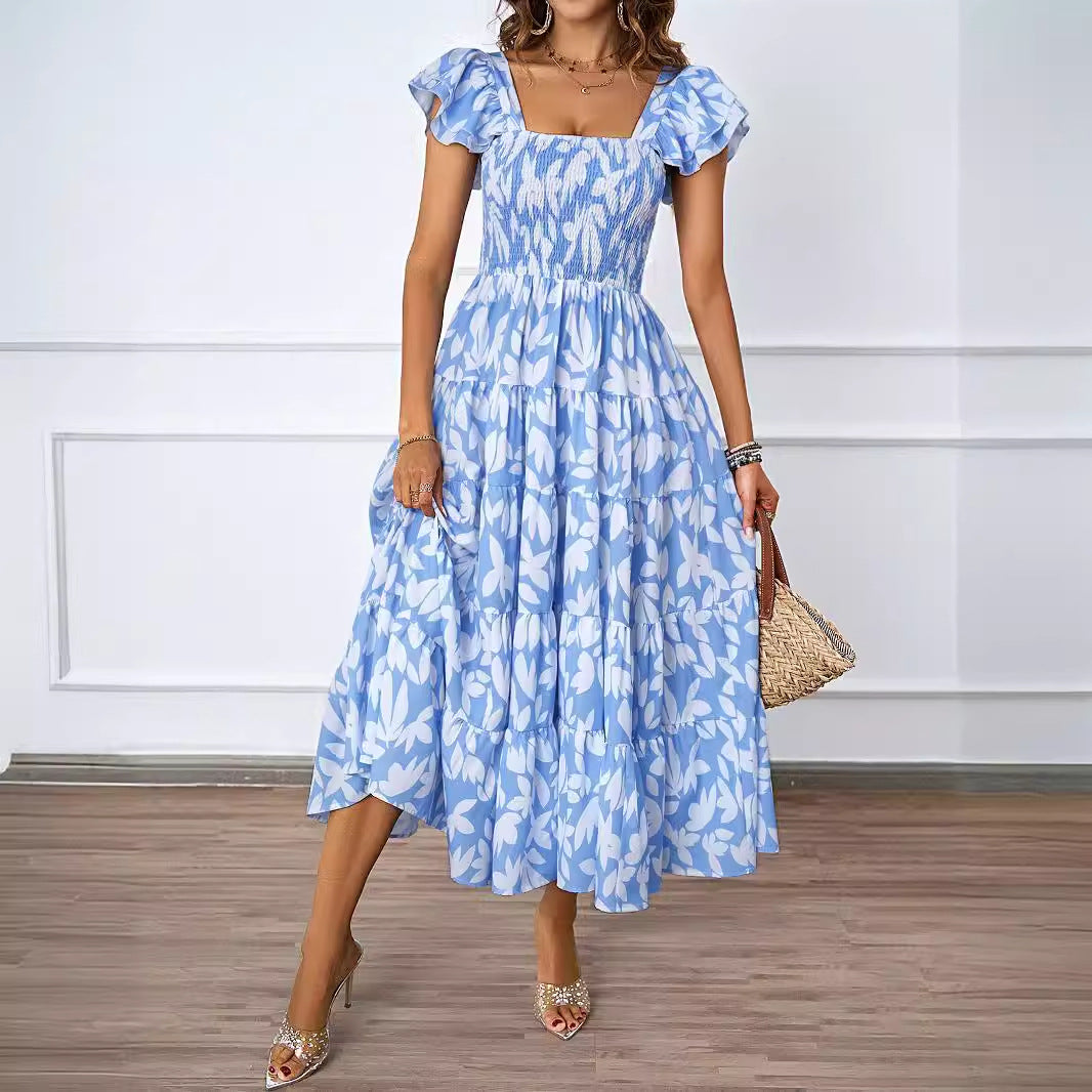 Vestido elegante con estampado bohemio, cuello cuadrado, mangas plisadas con volantes