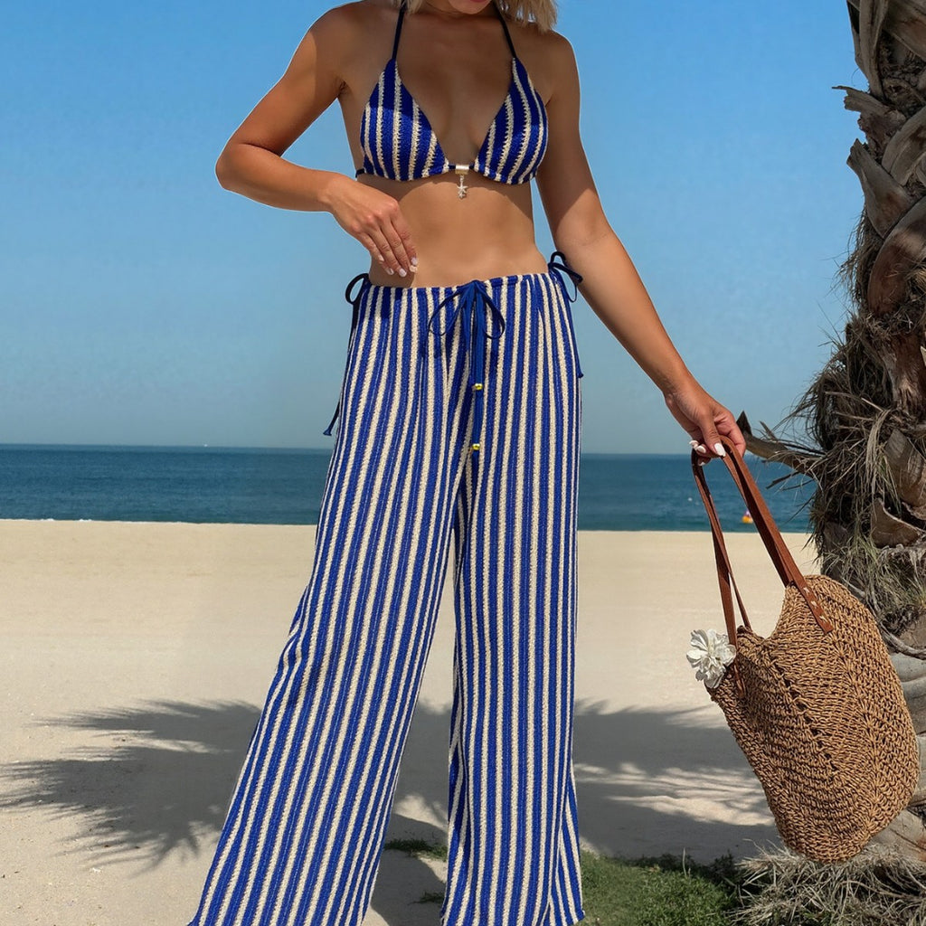 Bikini Color Matching Special Fabric Bandage Sexy Split Trousers Three Piece Swimsuit WithWind