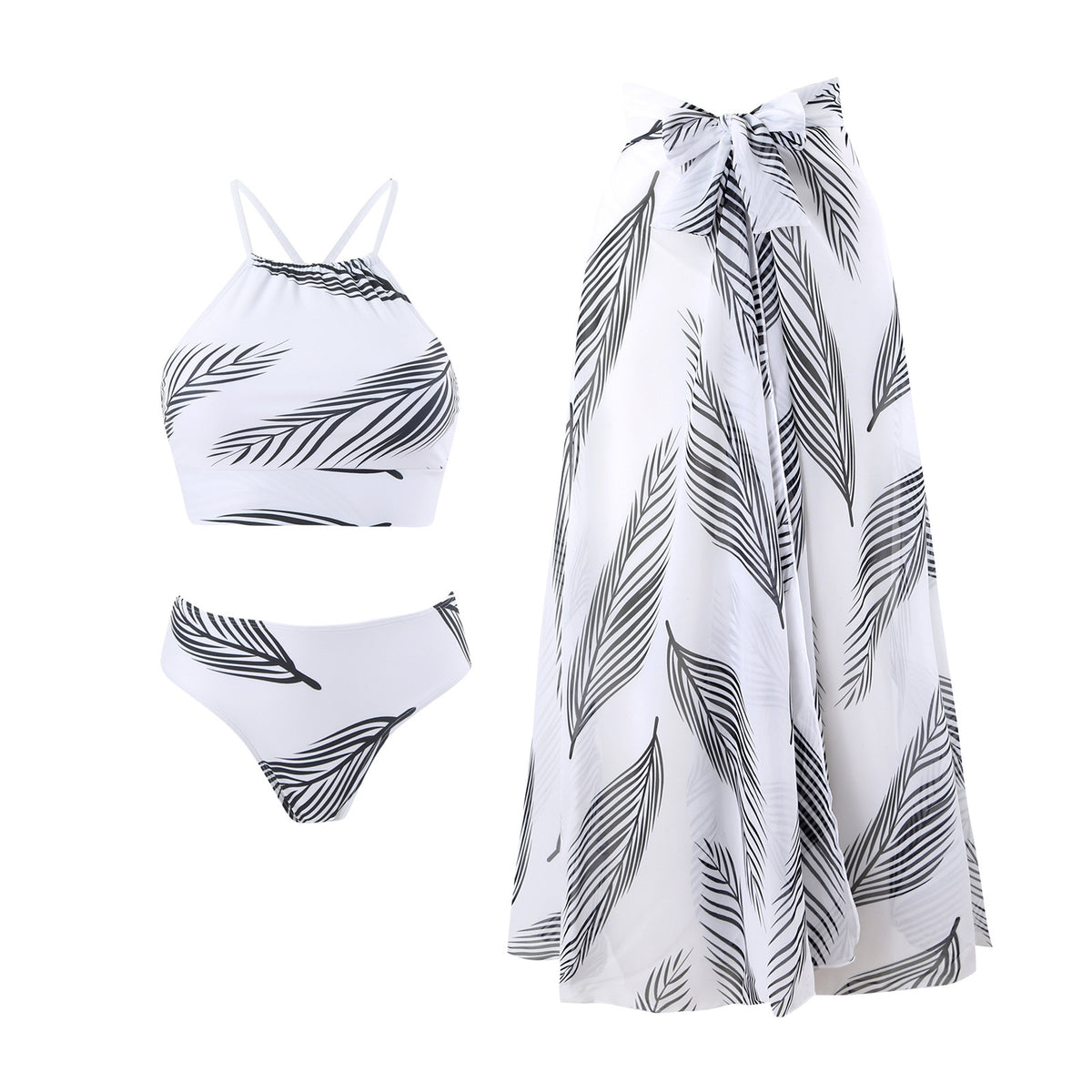 Split Three Piece Skirt Strap Sunscreen Swimwear Feather Print Women Swimsuit Peaches