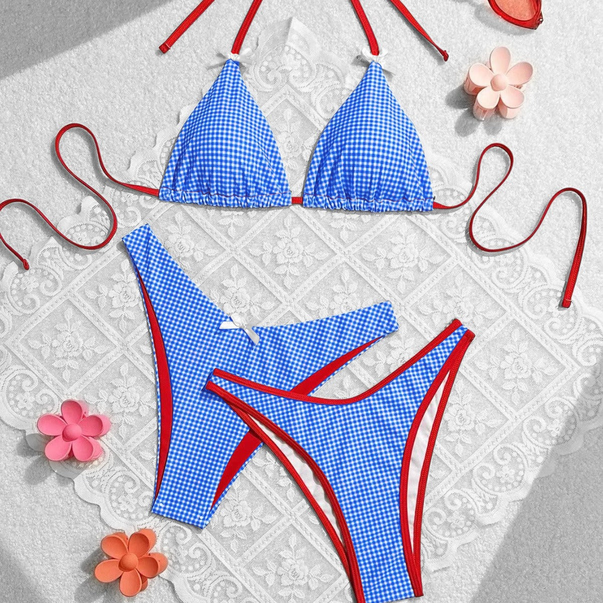 Traje de baño de verano con lazo floral a cuadros para mujer, bikini dividido para vacaciones