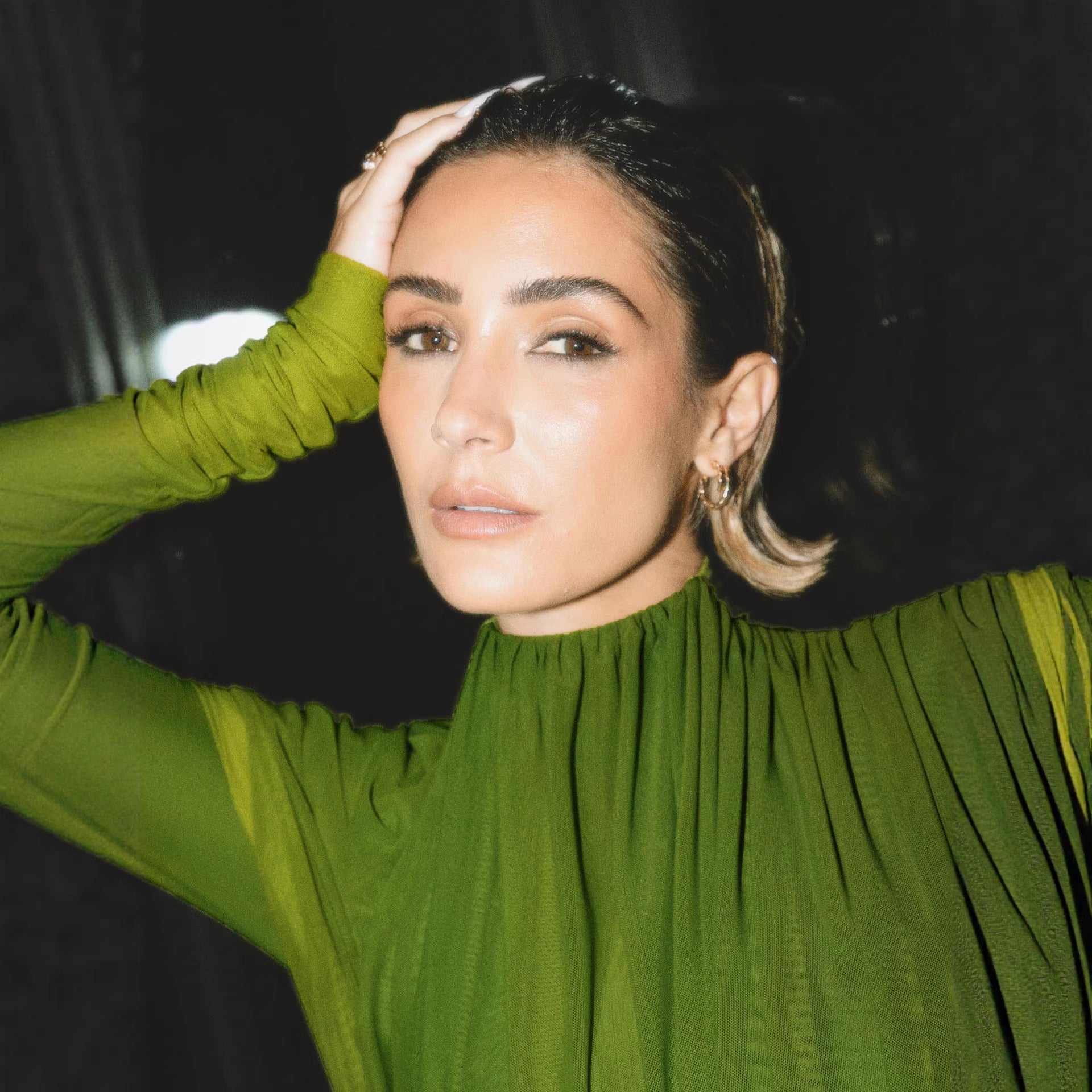 Dress Winter round Neck Green Pleated Long Sleeve Sight