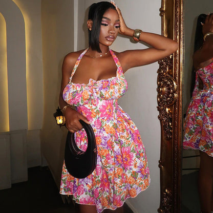 Robe courte sexy à dos nu et épaules dénudées pour femme, imprimée et peinte