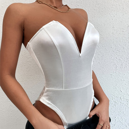Women Tight Bottoming Shirt Slim Fit Figure Flattering Bodysuit Sexy V-neck Tube Top Bodysuit