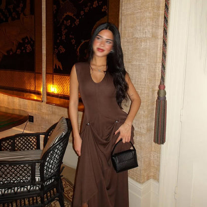 Sexy Sleeveless Dress Summer U Collar Fitted Waist Pleated Design Solid Color Dress Women