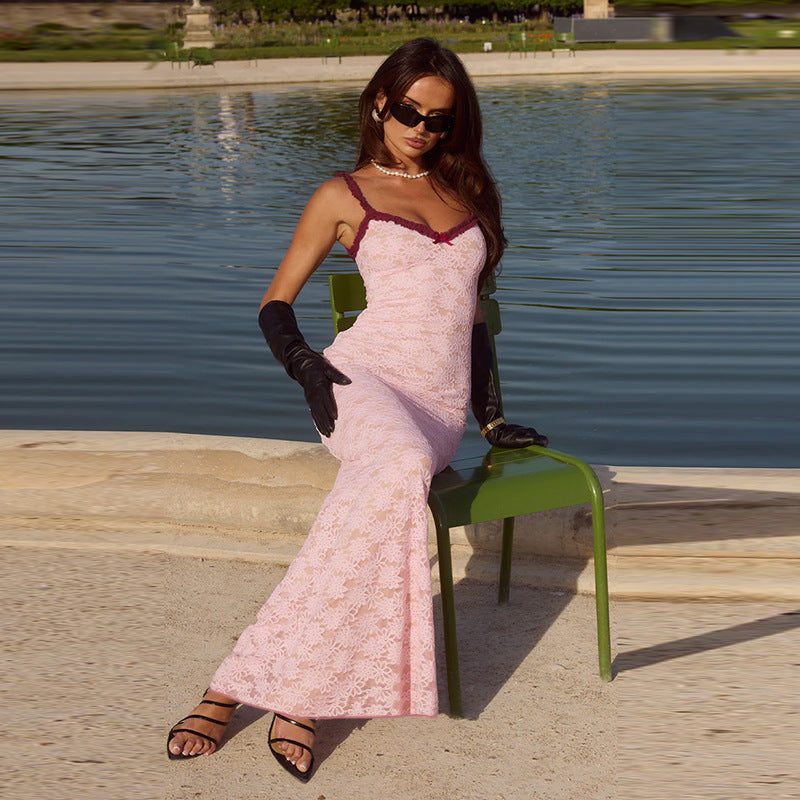 Women Lace Sling Maxi Dress Sexy Slim Lace Stitching Adult Lady Dress FREYA